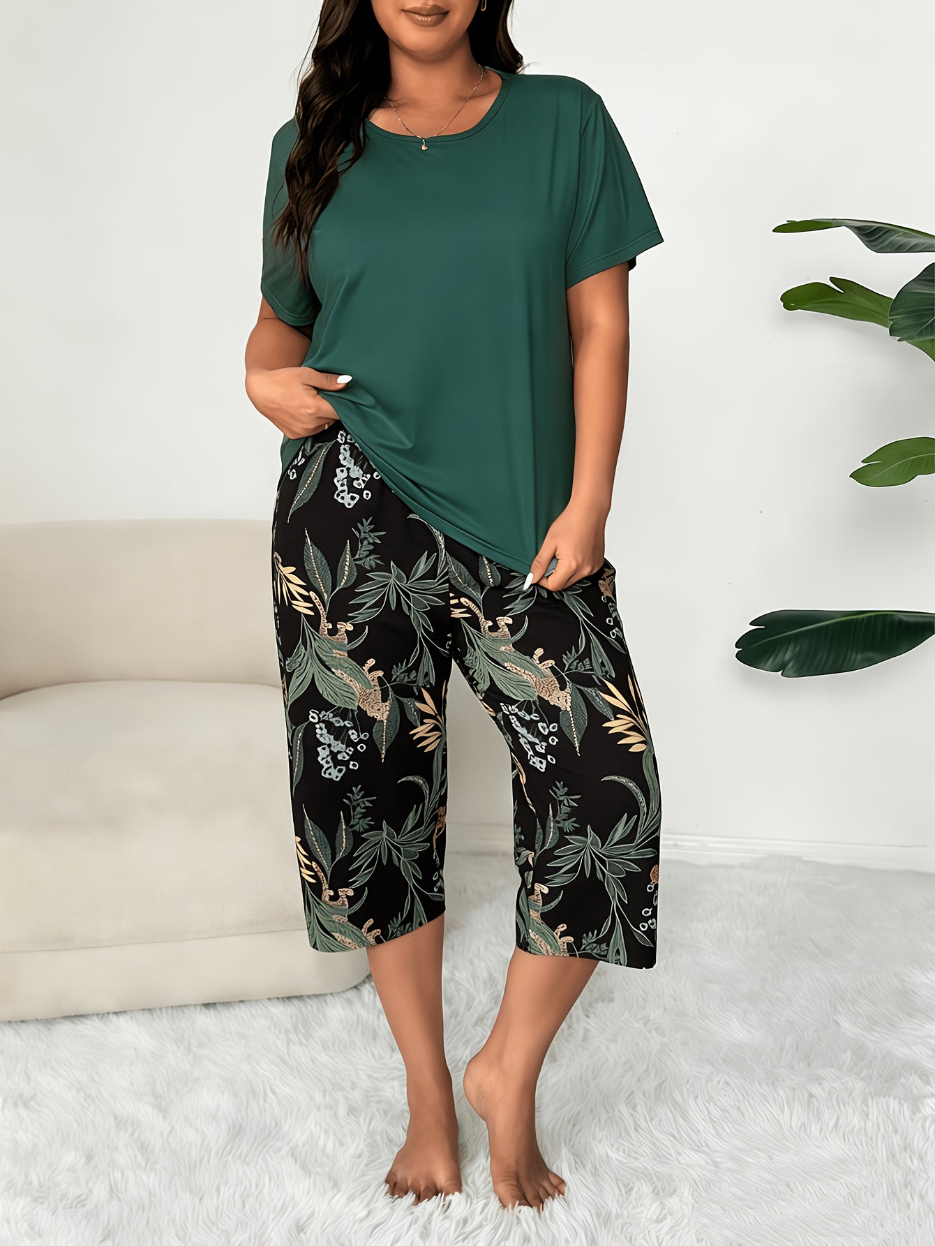 6pcs Plus Size Soft Pajamas for Women, Classic Solid Tops with Floral Pocket & Botanical Print Pants, Lightweight Cozy Sleepwear for Middle-Aged & Senior Citizens, Perfect for Daily Relaxation