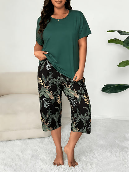 6pcs Plus Size Soft Pajamas for Women, Classic Solid Tops with Floral Pocket & Botanical Print Pants, Lightweight Cozy Sleepwear for Middle-Aged & Senior Citizens, Perfect for Daily Relaxation