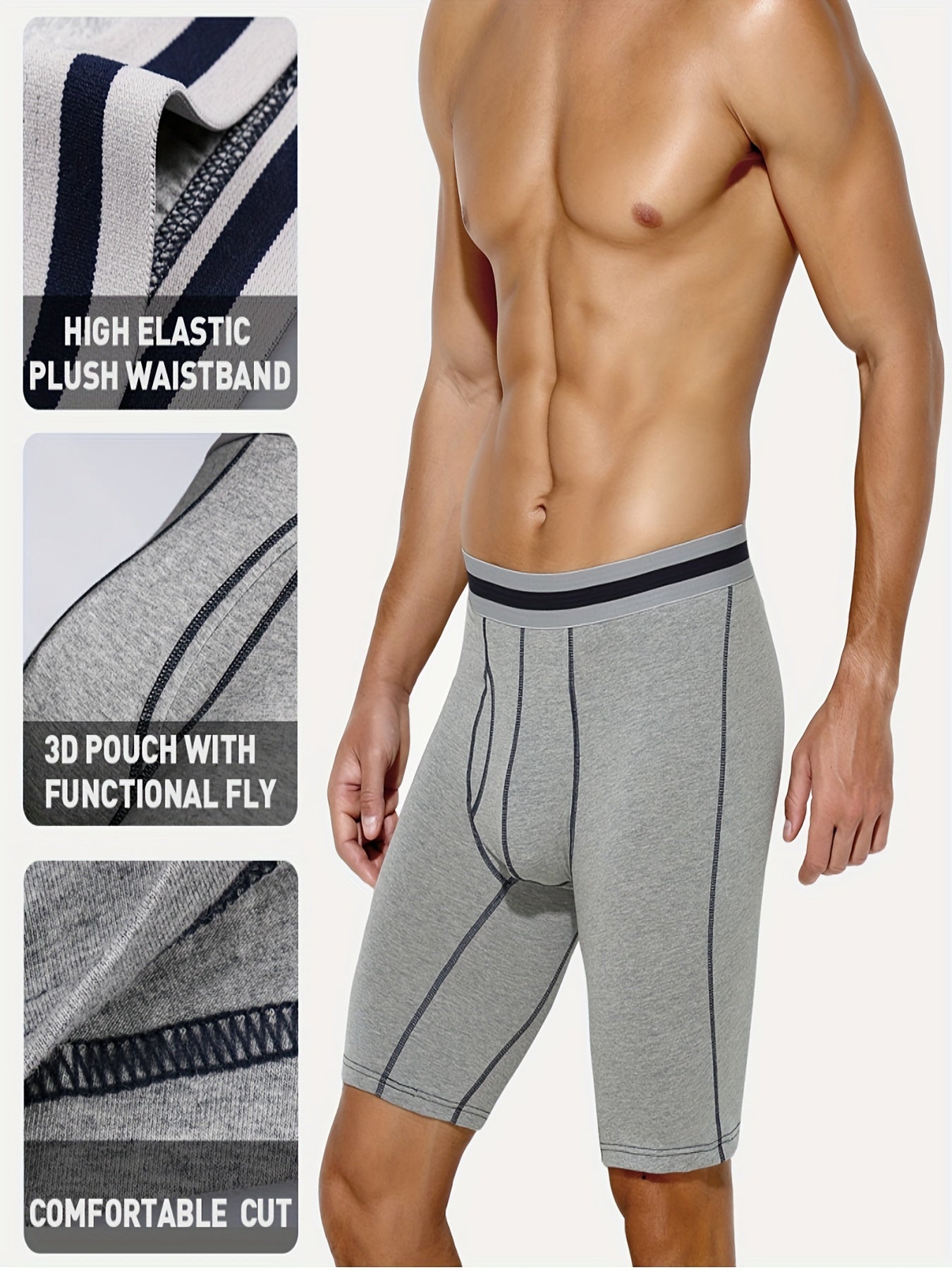 4pcs Men's Long Leg Cotton Underwear Total Support Pouch Boxer Briefs with Open Fly Pouch, Men's Cycling Sports Wear Bottoms, Moisture Wicking & Breathable Slimming Shapewear Body Shape for Men