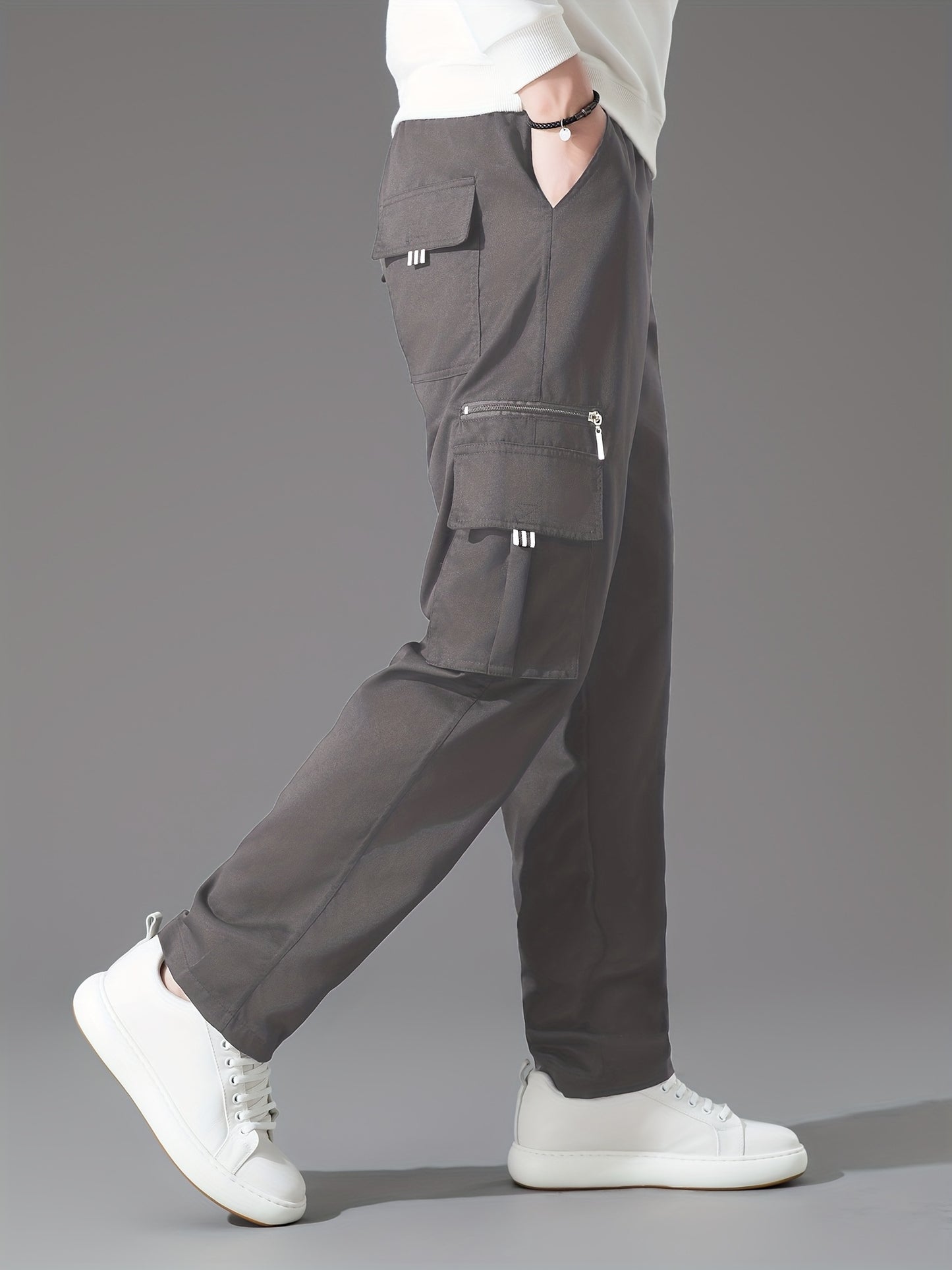 3pcs Men'S Casual Solid Color Cargo Pants, Polyester Non-Stretch Woven Fabric, Multiple Pockets, Regular Fit, Spring/Fall Season, Hiking & Outdoor Scene, Weekend Casual Occasion, Thick