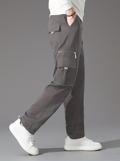 3pcs Men'S Casual Solid Color Cargo Pants, Polyester Non-Stretch Woven Fabric, Multiple Pockets, Regular Fit, Spring/Fall Season, Hiking & Outdoor Scene, Weekend Casual Occasion, Thick