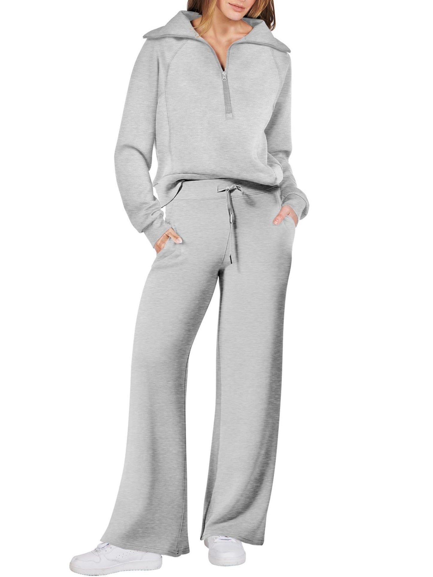 Spring/Autumn Casual Swear Set for Women, Zipper Long-Sleeve Sweatshirt and Wide-Leg Pants 2pcs Set
