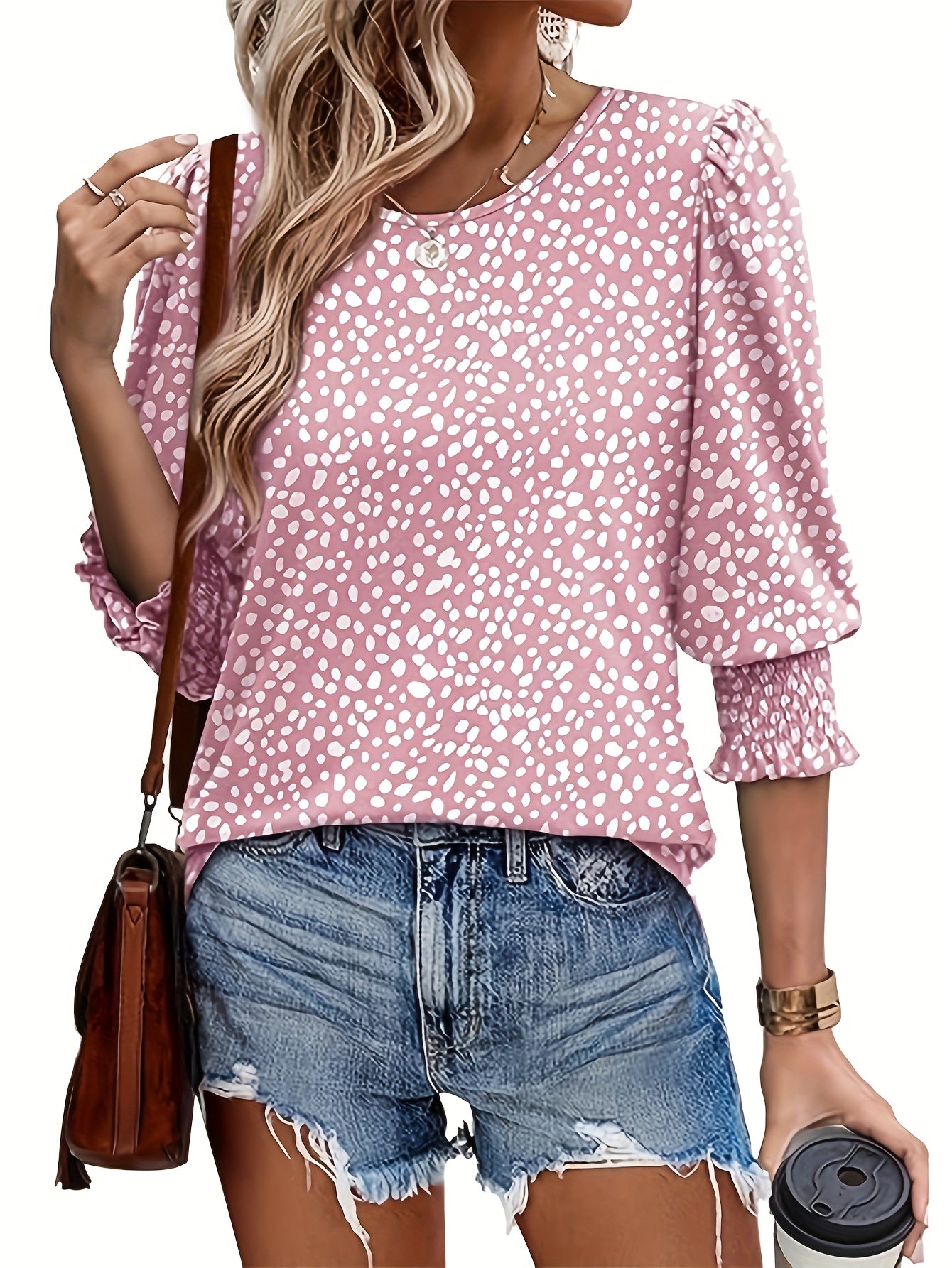 2025 Fashion for Women: Elegant Casual 3/4 Sleeve Top Coat with Pleated Cuffs And Round Neck from Europe And The United States