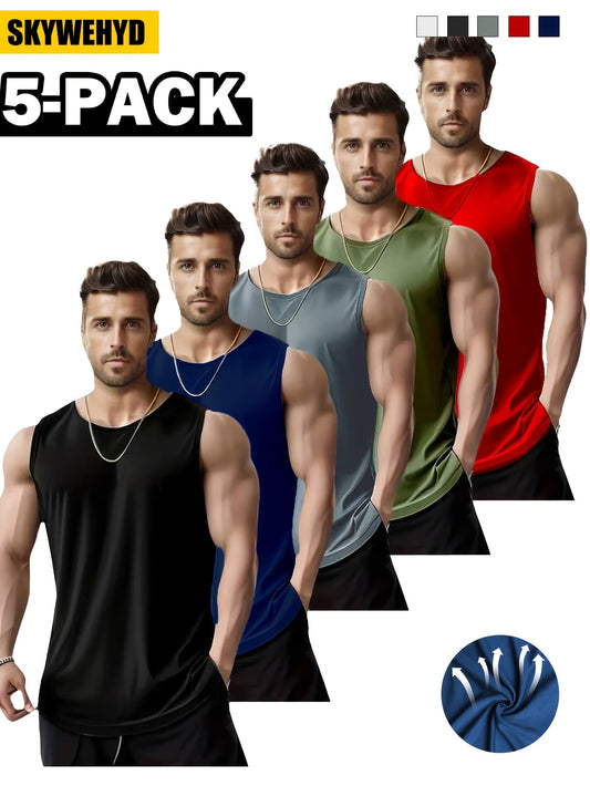 5pcs Men'S Plus Size Quick Drying Sports Vest | Solid Color, Breathable, Sleeveless Fitness Shirt for Running and Casual Summer Wear, Comfortable, Sports Style Training Vest by SKYWEHYD
