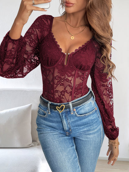 Foreign Trade 2025 New European and American Sexy V-Neck Lace Patchwork Drawstring Solid Color Shaping Bodysuit