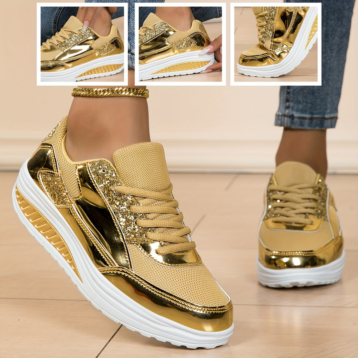 Women's Fashionable Sports Shoes with Shiny Summer Mesh, Breathable Lace-up, Women's Casual Shoes with Thick Soles, Height-increasing Dance Soles, Sequin, Lightweight Soft Soles, Low-top, Large-sized Walking Shoes, Women Shoes, Sneakers