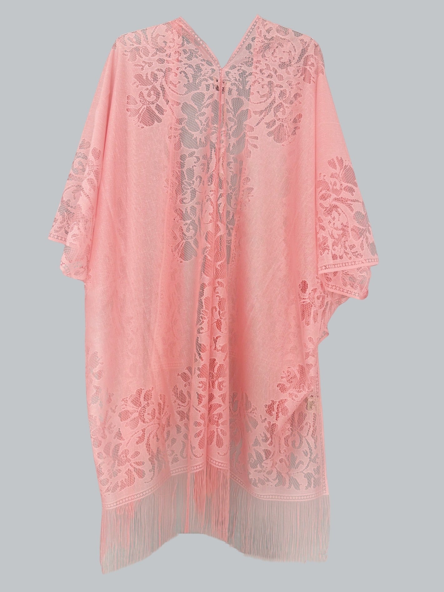 Woman's Plus Size Boho Cover Up, Lace Kimono, Women's Plus Floral Lace Batwing Sleeve Cover-Up, Open Front Tassel Trim Kimono, Lightweight Beach Cover Up