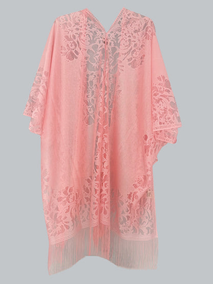 Woman's Plus Size Boho Cover Up, Lace Kimono, Women's Plus Floral Lace Batwing Sleeve Cover-Up, Open Front Tassel Trim Kimono, Lightweight Beach Cover Up