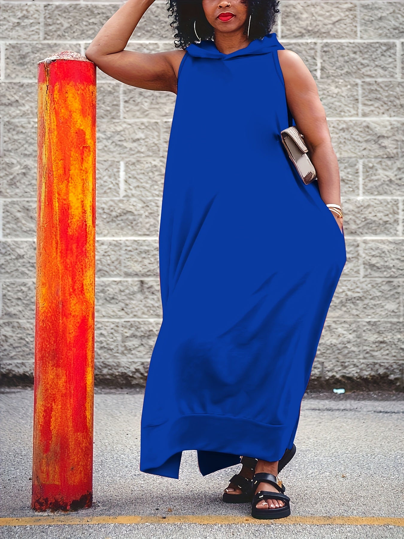 Plus Size, Elegant Side Slits, Hooded Design, Side Pockets, Plus Size Vest with Hooded Long Skirt, Solid Color Basic Simple Vest Long Skirt, Comfortable And Stretchy