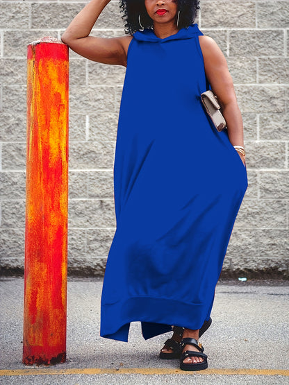 Plus Size, Elegant Side Slits, Hooded Design, Side Pockets, Plus Size Vest with Hooded Long Skirt, Solid Color Basic Simple Vest Long Skirt, Comfortable And Stretchy