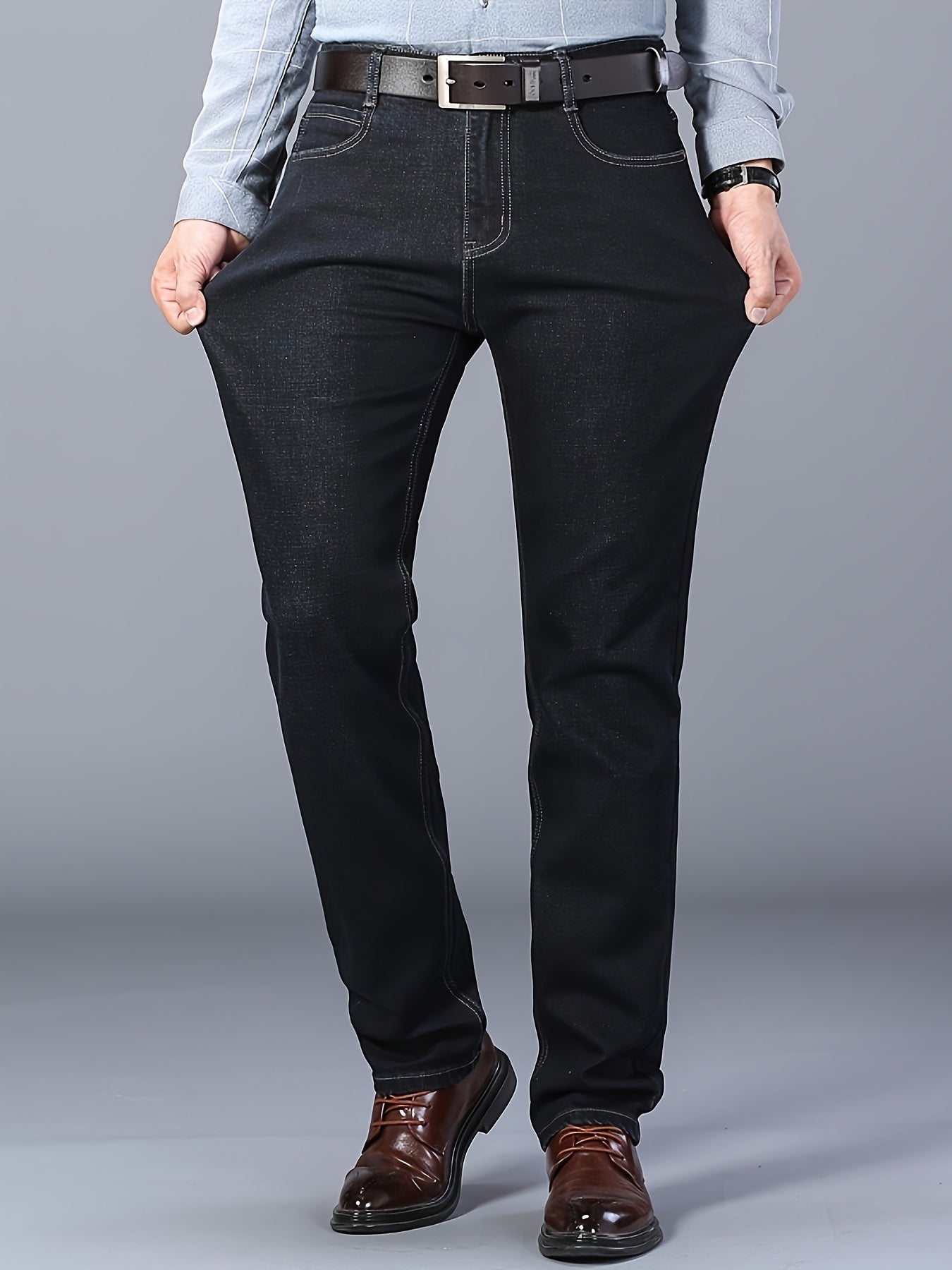 Men's Classic Straight-Leg Stretch Denim Jeans - Water-Washed Black Casual & Business Casual Pants, All-Season Machine Washable Regular Fit