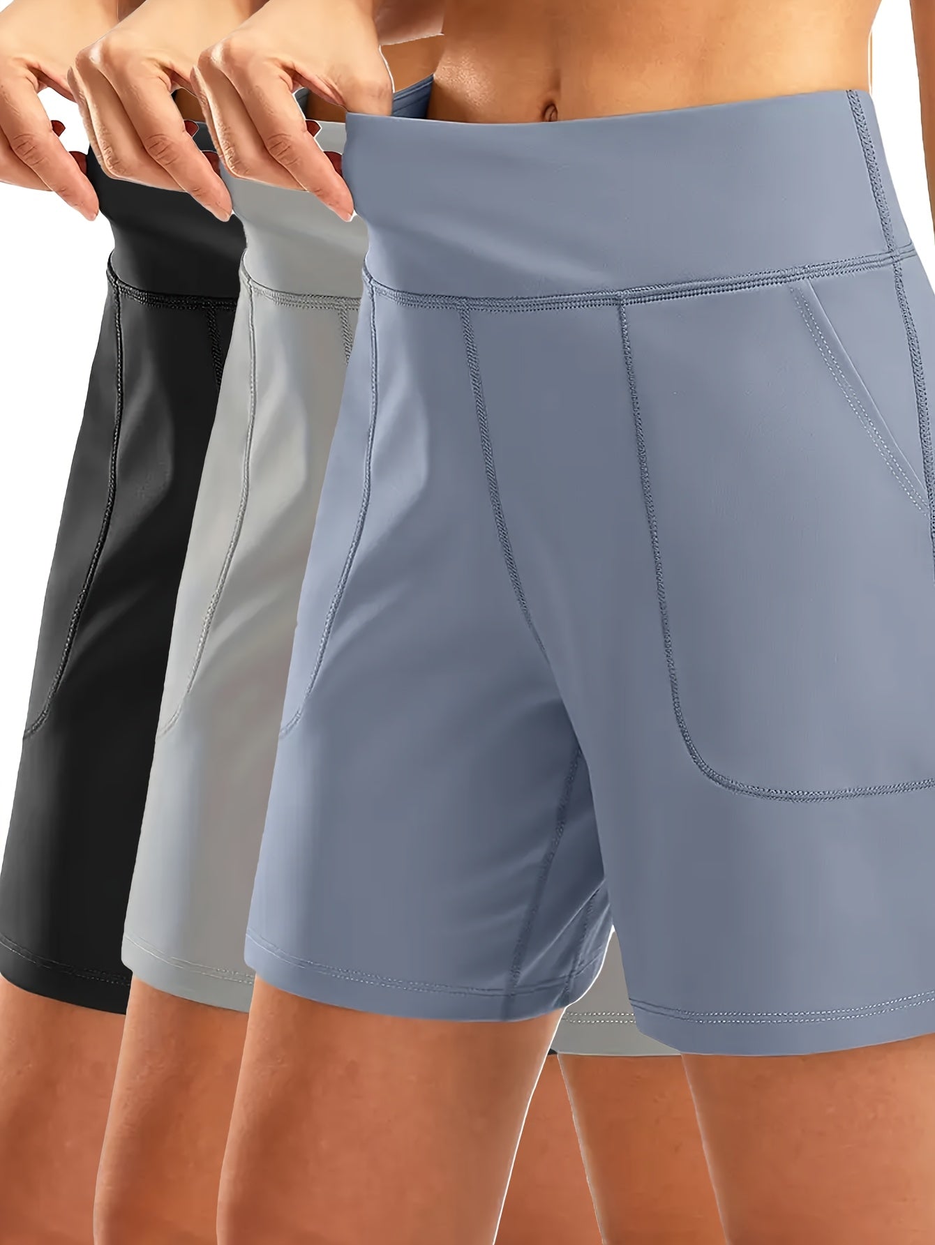 3pcs Women's Elastic-Waist Loose-Fit Casual Sports Shorts with Pockets - Mid-Stretch Breathable Fabric, Solid Color for Gym, Yoga & Casual Attire - Elegant Special Collection, Gym Apparel | Functional Pockets | Stretchable Fabric
