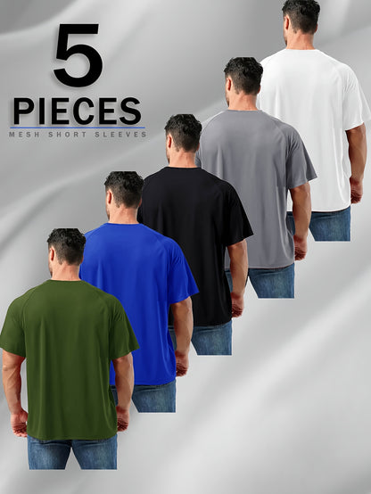 5pcs Oversized Men'S SOLID Short Sleeved for Sports T-Shirt, Casual And Fashionable T-Shirt, Suitable for All Seasons, Breathable And Quick Drying T-Shirt, Summer Clothing T-Shirt, Suitable for Sports, Fitness, Running, Basketball, Mountaineering