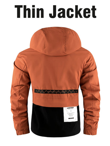 Men's Fashion New Jacket Men's Spring Autumn Thin Casual Multi-Pocket Outdoor Windbreaker Stitching Color Jacket Jacket Men's Removable Hat Windproof Outdoor Jacket Male