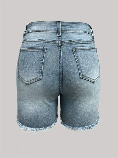 Women'S Fashion Forward Ripped Denim Shorts-Classical Washed Blue, Unprocessed Edge, Super Comfortable Style-Fashion Casual Jeans and Summer Clothing