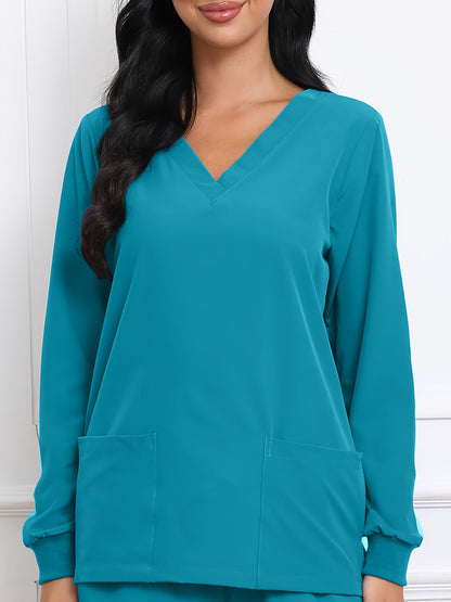 Women's V-Neck Long Sleeve Matte Breathable S Uniform Pockets Wash Clothes Work Shirt Scrubbing Top