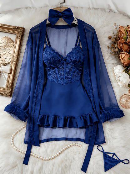[3pcs Sheer Lace Set] Women's Lingerie 3pcs Sheer Lace Babydoll Set With Robe And Panty See Through Trim Mesh Sleepwear Sexy Nightwear