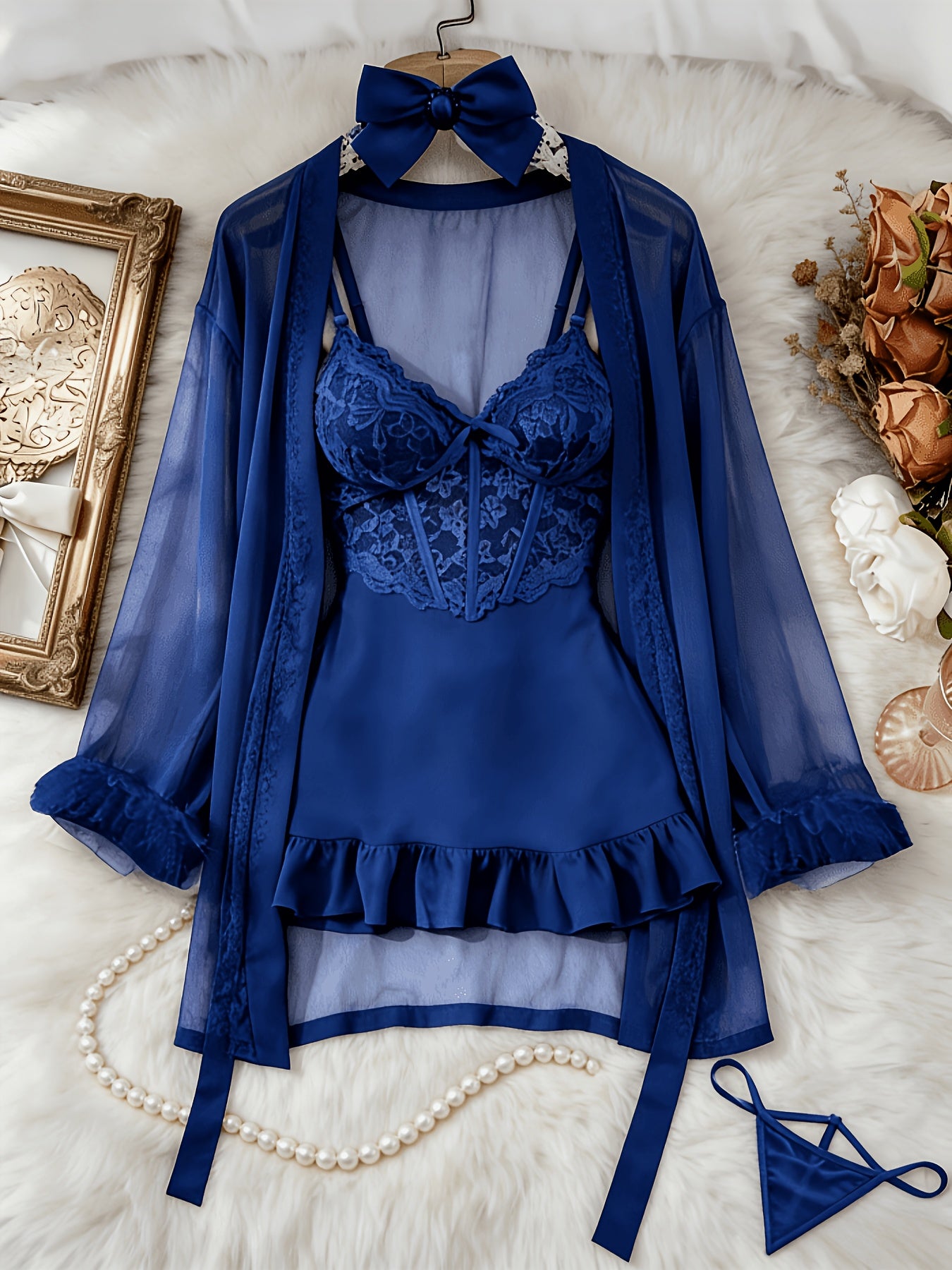 [3pcs Sheer Lace Set] Women's Lingerie 3pcs Sheer Lace Babydoll Set With Robe And Panty See Through Trim Mesh Sleepwear Sexy Nightwear