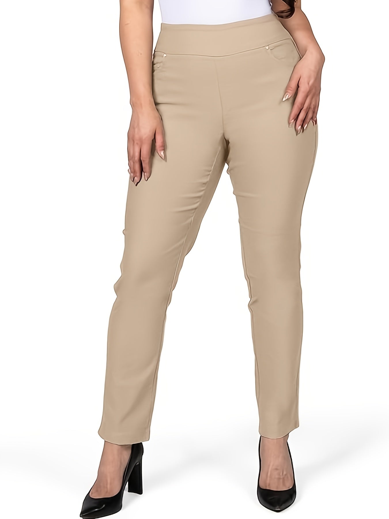 Slim Fit High-Waisted Pants for Women Featuring Five Pockets, Designed for Easy Pull-On Wear, Suitable for Work Or Casual Office Settings