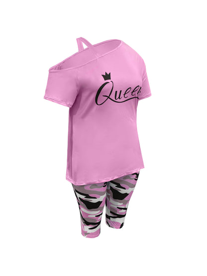 Plus Size - Ladies Plus Size Daily Casual One-Shoulder Short Sleeve Two-Piece Outfit, Diagonal Shoulder Design, Slim Fit Camouflage Pants Suit With Letter Print.