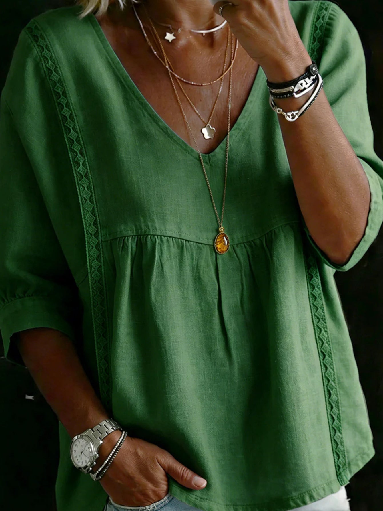 Women'S V-neck Loose-fit Top With Lace Panels; Elegant Design, Three-quarter-length Puff Sleeves, Lace Cut-out Detailing At The Sides, Figure-flattering Cut That Conceals The Tummy; Perfect For Bohemian-inspired Office Wear