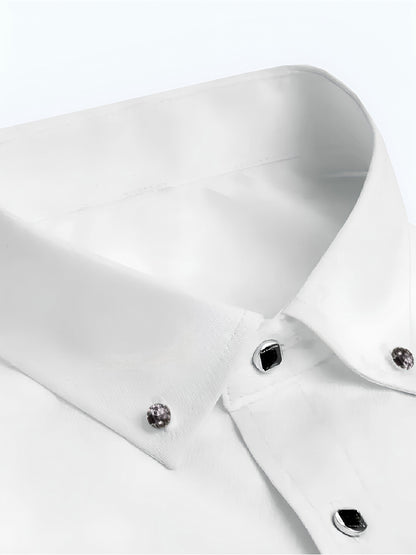 Men's Non-Iron Business Shirt Long Sleeve with Diamond Buttons& Button- Collar | Wrinkle-Free Stretch Polyester | Office Work Shirt in White& Black