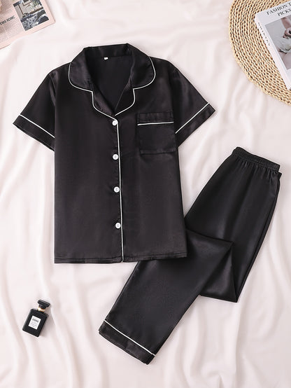 Solid Satin Pajama Set, Casual Short Sleeve Buttons Lapel Top & Shorts, Women'S Sleepwear