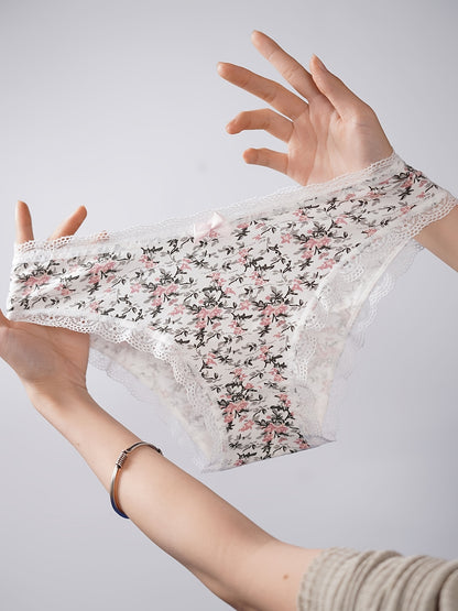 5-Pack Women'S Triangle Panties with Floral Print, Nude Comfortable Soft Stretchy Large Size Underwear with Bow Decoration, Simple Elegant Breathable Briefs - 2025 New Arrival