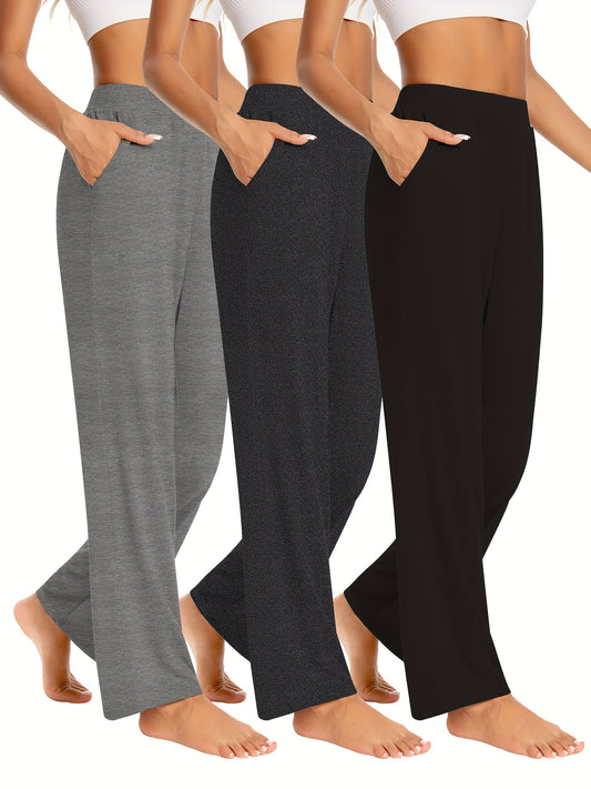 3-Pack Women's Vertical Straight Leg Pants with Side Pockets Solid Color Soft And Comfortable Wide Legs Commuter Versatile Professional Pants (Available In Multiple Colors)