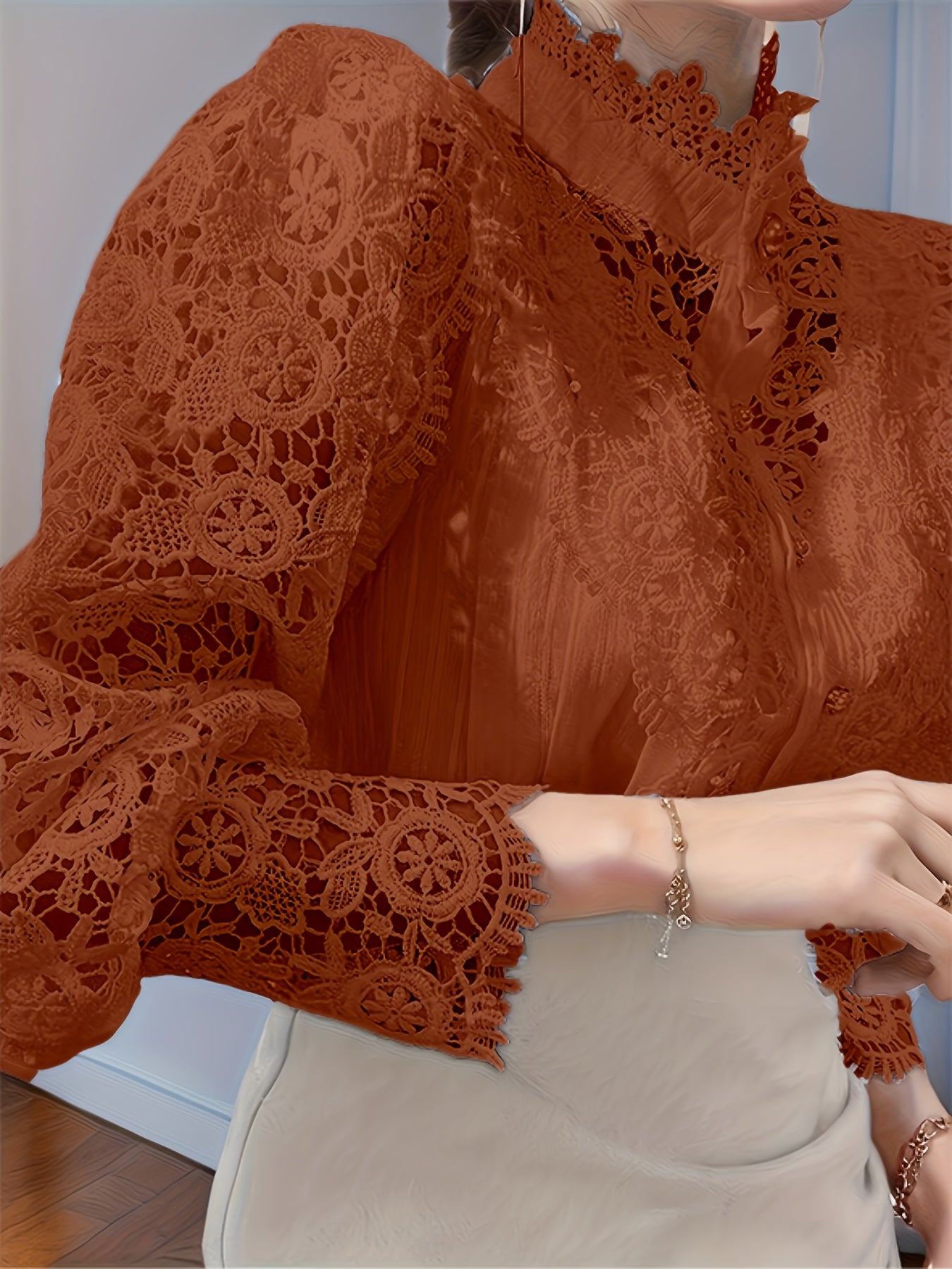 [Plus Size Floral Panels] Plus Size, French Loose Chic Buttons, Heavy Lace, Cut-Out Floral Panels