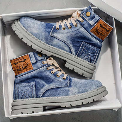 1 Pair of Men's High-top Casual Sports Denim Boots - Solid Color Round Toe Lace-up Design, Durable Washed Canvas Upper, Breathable Fabric Lining and Cushioned Insole, Non-slip Sole, Suitable for All-season Outdoor and Urban Style Wear