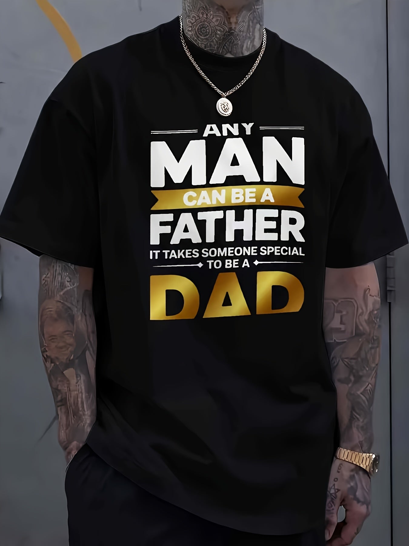 Plus Size Men's T-Shirt Funny Father's Day Gift, Bold Letter Print "Any for Man Can Be A Father It Takes Someone Special to Be A Dad" Graphic Tee, Casual Short Sleeve Summer Tops for Dads, Loose Fit Streetwear Style, PLUS SIZE