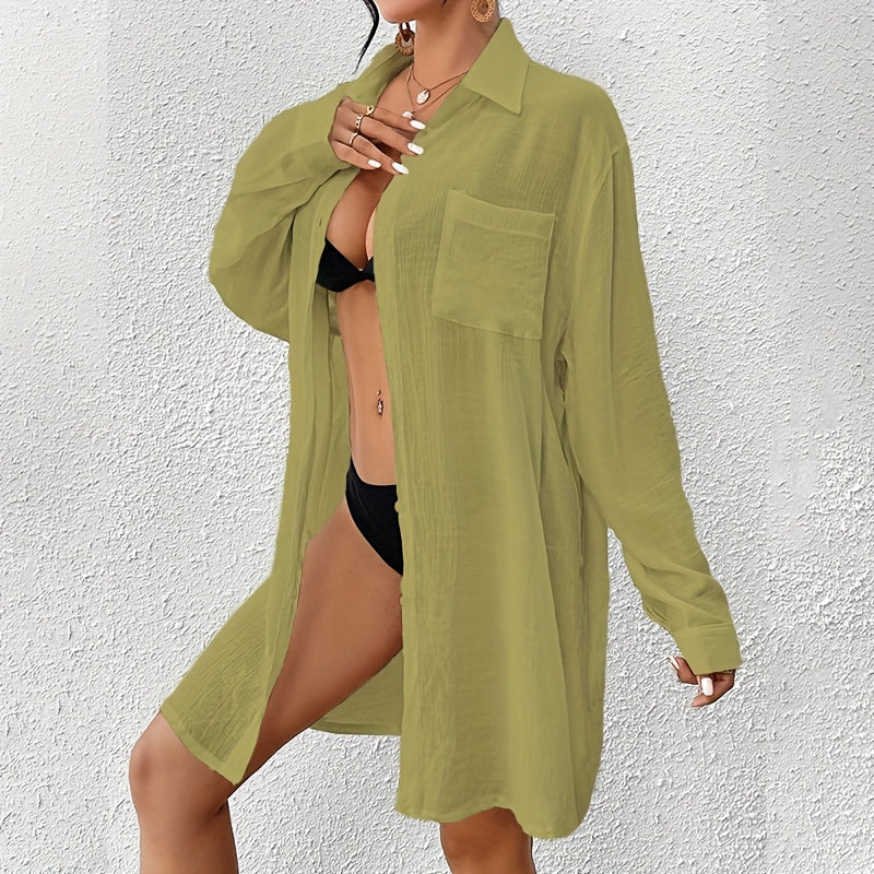 Women's Plus Size Beach Cover-Up Shirt, Casual Style Long Sleeve Swimwear, Solid Color Cardigan for Seaside Vacation