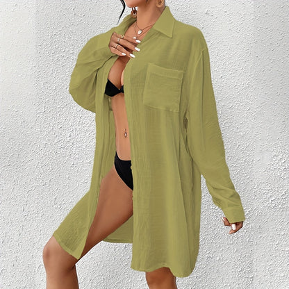 Women's Plus Size Beach Cover-Up Shirt, Casual Style Long Sleeve Swimwear, Solid Color Cardigan for Seaside Vacation