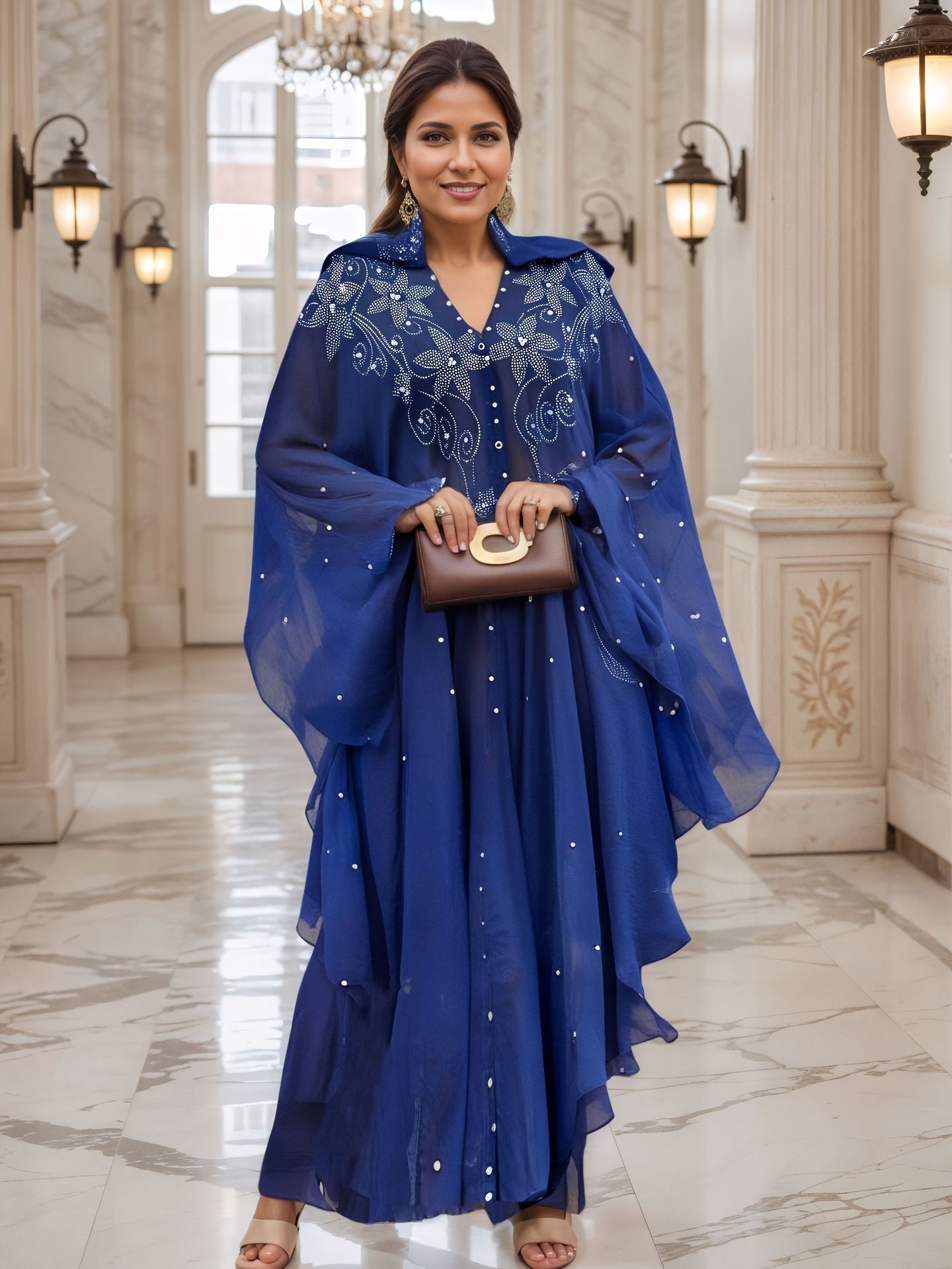 Chic Rhinestone Wrap for Women Featuring Trumpet Sleeves - A Loose-Fitting Long Cape Inspired by Middle Eastern Styles, Adorned with Semi-Sheer Pearls And Crystals, with a Split Hem Perfect for Summer Weddings And Formal Occasions