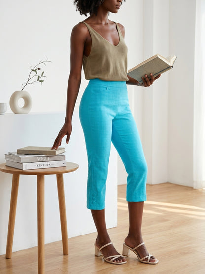 Women'S High-waisted Slim-fitting Capri Pants, Suitable For, Work And Daily Wear, With Pockets