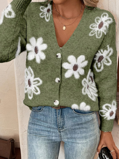 Women's Printed Button Cardigan V-neck Drooping Shoulder Coat