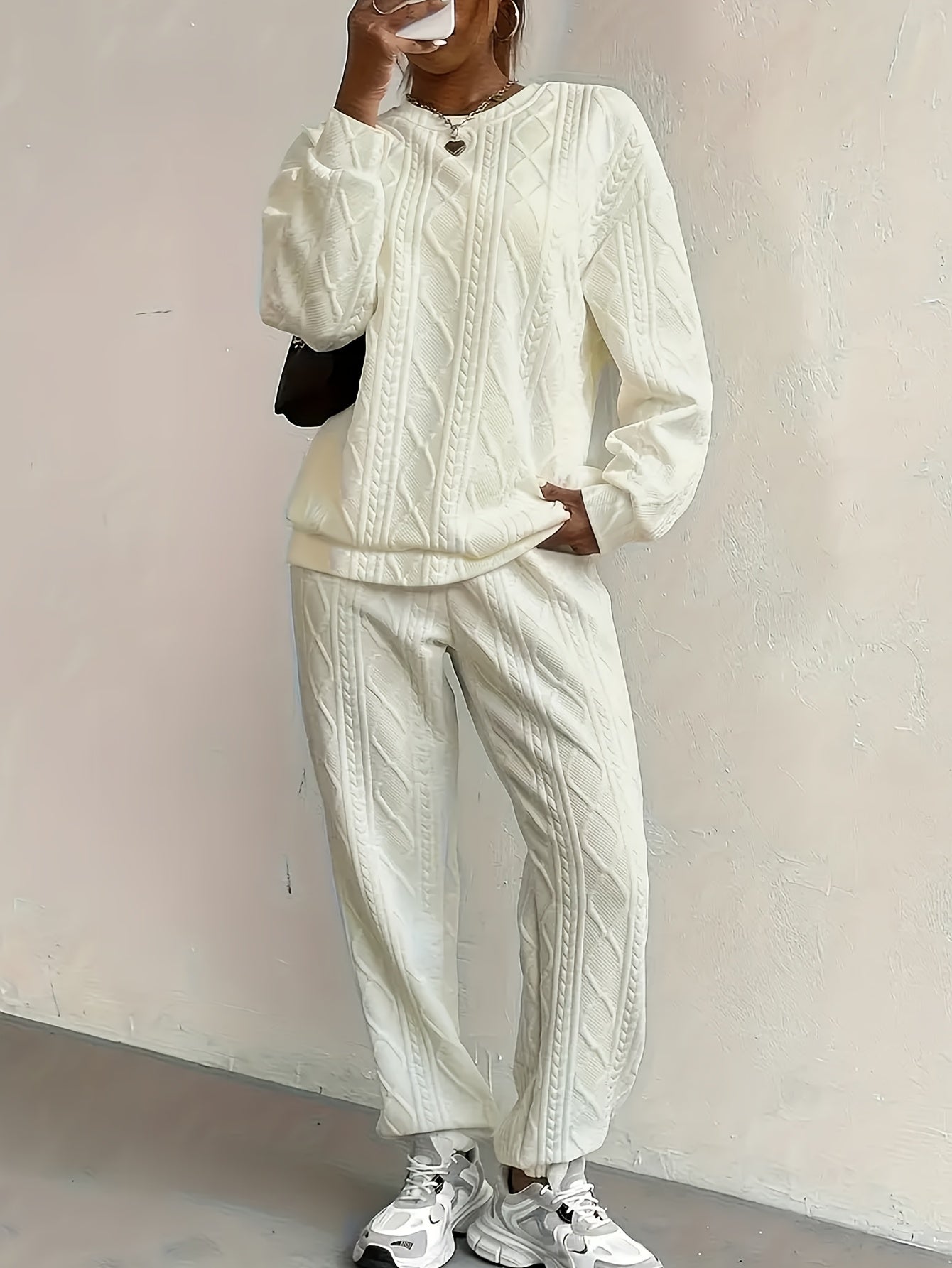 Women'S Sweatshirt Ensemble for Autumn/Winter 2025 - Featuring a Solid Color, Cable Patchwork, Long Sleeve Crew Neck Top And Cuffed Pants in a Two-Piece Outfit, Including a Pullover And Sweater, Perfect for Christmas And Fall