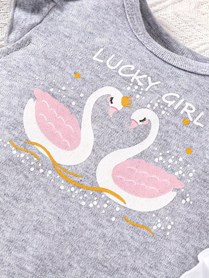 3pcs Set of Baby Triangle Jumpsuit Cartoon Swan Pattern Casual Jumpsuit for Young Girls And Babies Summer Outdoor Clothing, for Outdoor