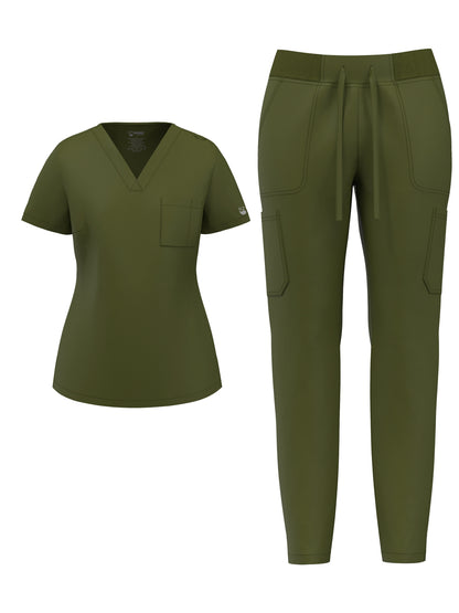 Women's Scrub Pants Set, Elastic Breathable Polyester Spandex Blend, V-Neck Short Sleeve with Pocket, Solid Color, for Work