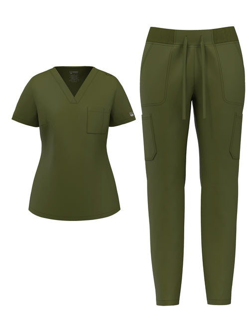Women's Scrub Pants Set, Elastic Breathable Polyester Spandex Blend, V-Neck Short Sleeve with Pocket, Solid Color, for Work