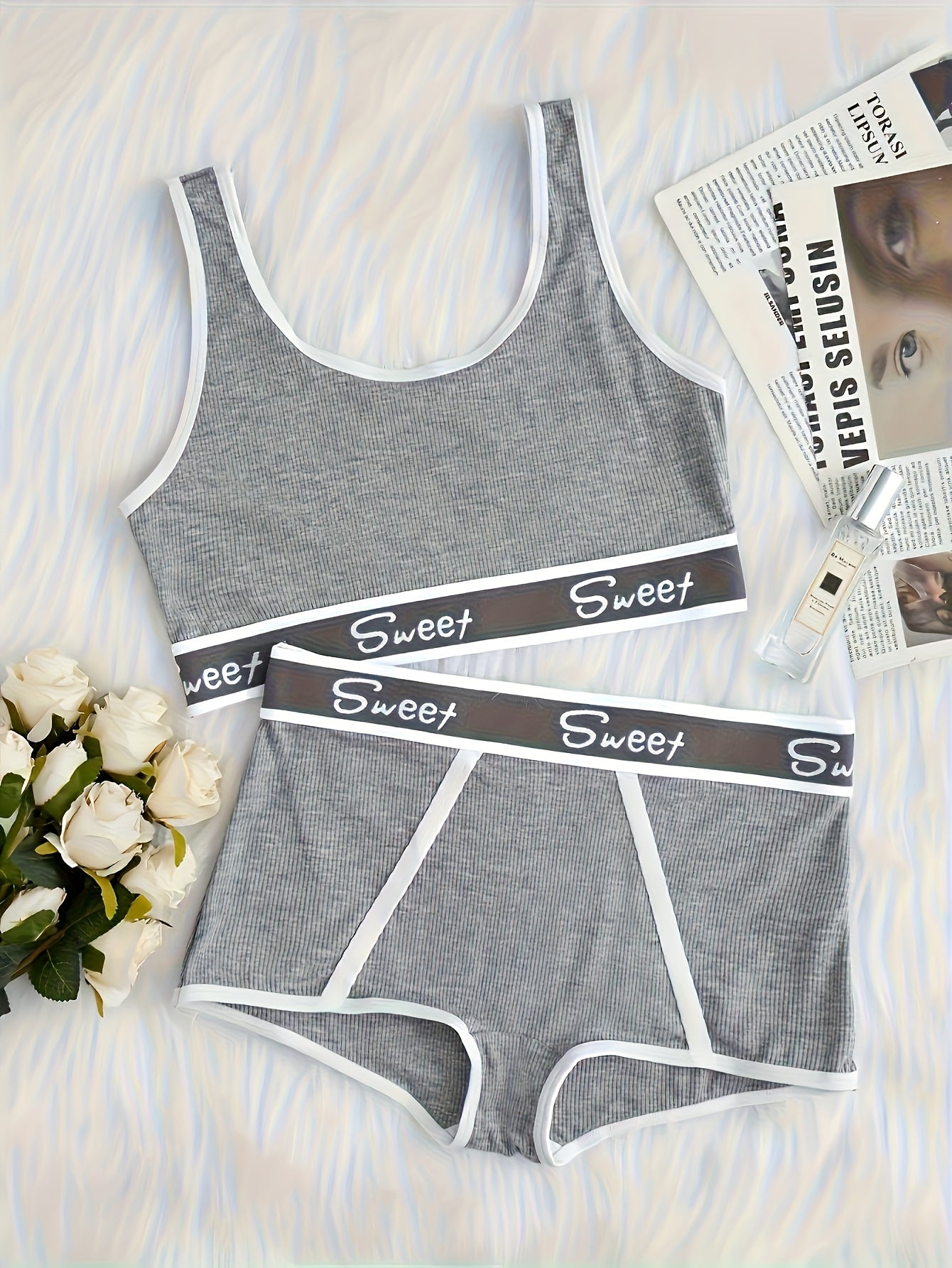 1 Set of Underwear Set with Women'S Letter Print, Dopamine Vest Bra, American Sports Underwear, Breathable Solid Sports Bra And Underwear, Push Up Bra And Underwear Underwear Set