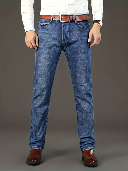 Men'S Plain Denim Trousers, Featuring a Light Business Look with a Bit of Stretch, Straight Leg Design Suitable for Casual Outdoor Wear
