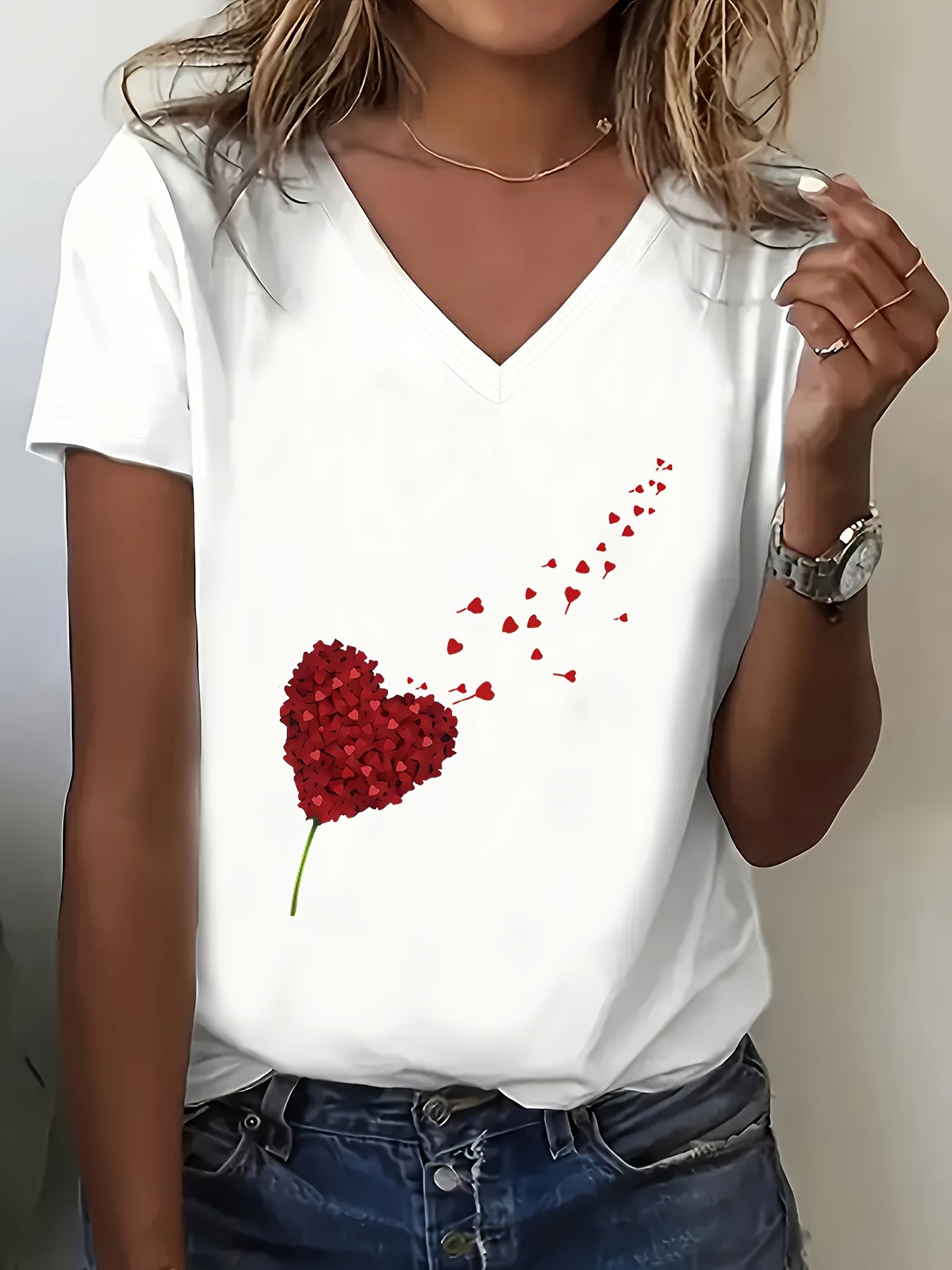 Women's Casual V-Neck Short Sleeve T-Shirt- Vibrant Red Heart Dandelion Print, Comfortable Cool Fabric, Machine Washable, Suitable for All Seasons