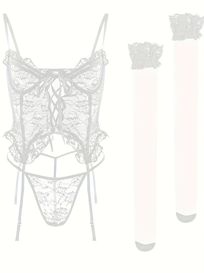 Women'S Sexy Lingerie Set with Garter Belt Lace Bodysuit Teddy Dolls Panty with Stockings, Women Teddy Lingerie Deep V Lace Lingerie Mini Babydoll Lingerie