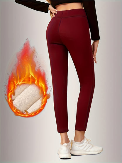 Women's High-Waisted Leggings with Pockets - Warm, Stretchy Faux Blend Casual Trousers, Perfect for Autumn and Winter, Features an Elastic Waistband, Winter Leggings | Comfortable Winter Fashion | Plush Lining