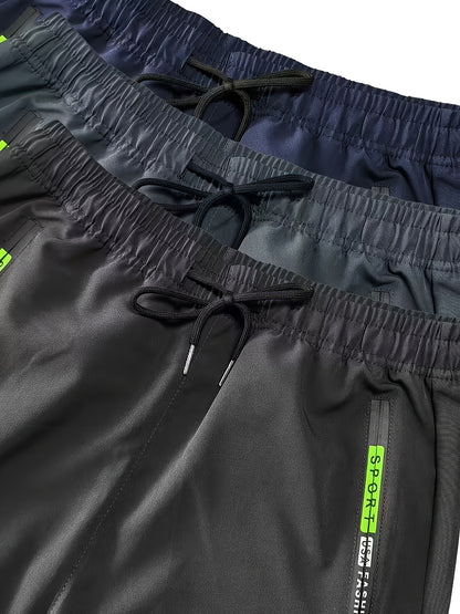 3pcs Men'S Slim Work Pants, With Drawstring Elastic Waist, Zipper Pocket And Large Patch Pocket. Comfortable And Breathable, Suitable For Outdoor And Daily Casual Wear.