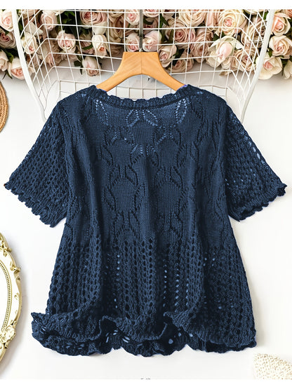 Plus Size - Large Size Women'S Casual Cardigan Light And Thin Short Sleeved Pearl Button, Semi Transparent, Round Neck All Season Versatile Layered Top