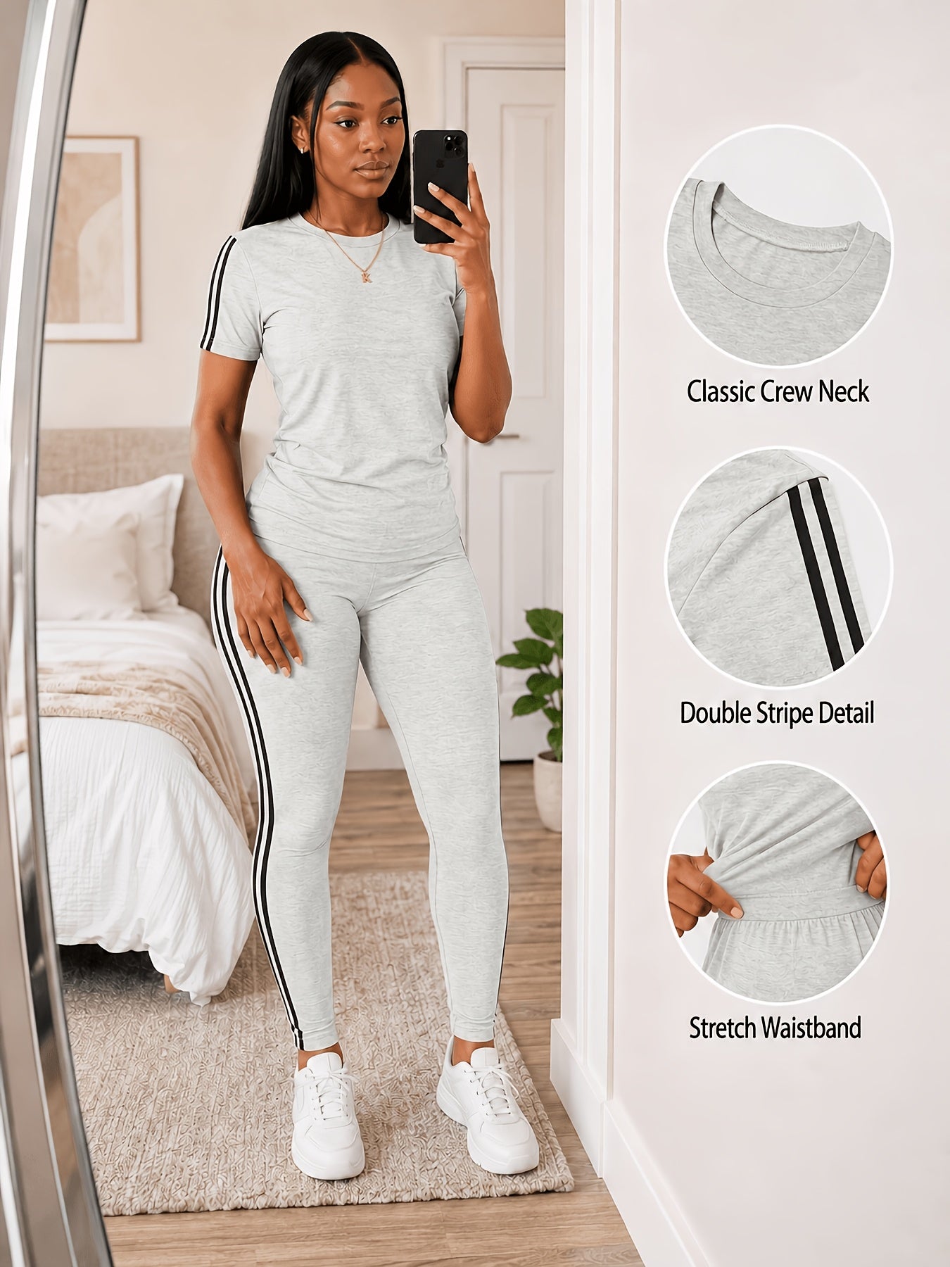 Women's Two-piece Casual swear Striped Edge Short Sleeved Round Neck Pullover, Slim Fit Striped Edge Pants Set, s Suit