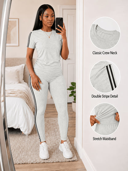 Women's Two-piece Casual swear Striped Edge Short Sleeved Round Neck Pullover, Slim Fit Striped Edge Pants Set, s Suit